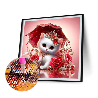 Royal White Cat With Roses - Full Round Drill Diamond Painting 30*30CM