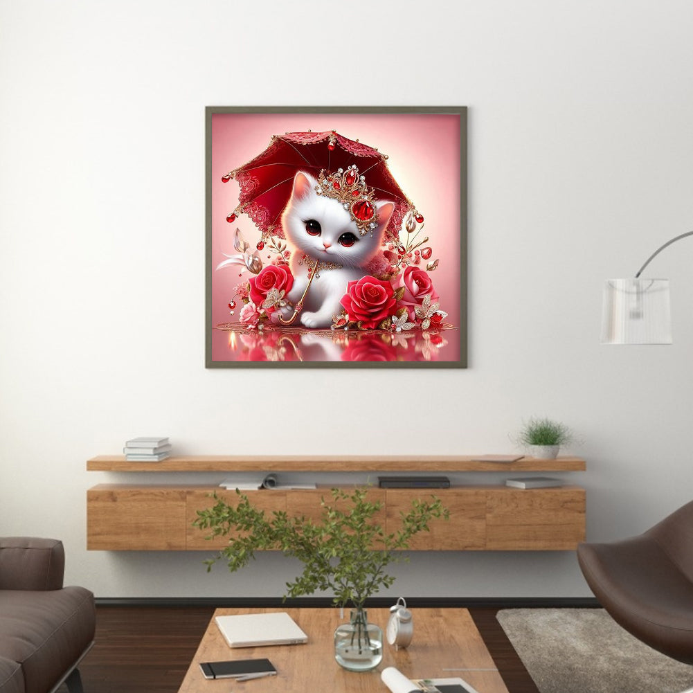 Royal White Cat With Roses - Full Round Drill Diamond Painting 30*30CM