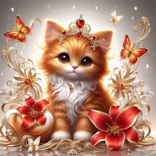 Royal Orange Cat With Flowers And Butterflies - Full Round Drill Diamond Painting 30*30CM