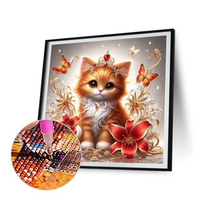 Royal Orange Cat With Flowers And Butterflies - Full Round Drill Diamond Painting 30*30CM