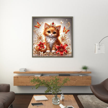 Royal Orange Cat With Flowers And Butterflies - Full Round Drill Diamond Painting 30*30CM