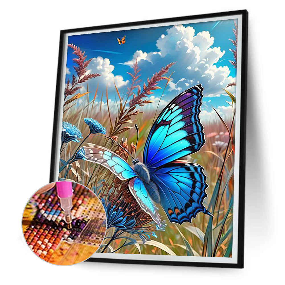Blue Butterfly In The Sun - Full Round Drill Diamond Painting 30*40CM