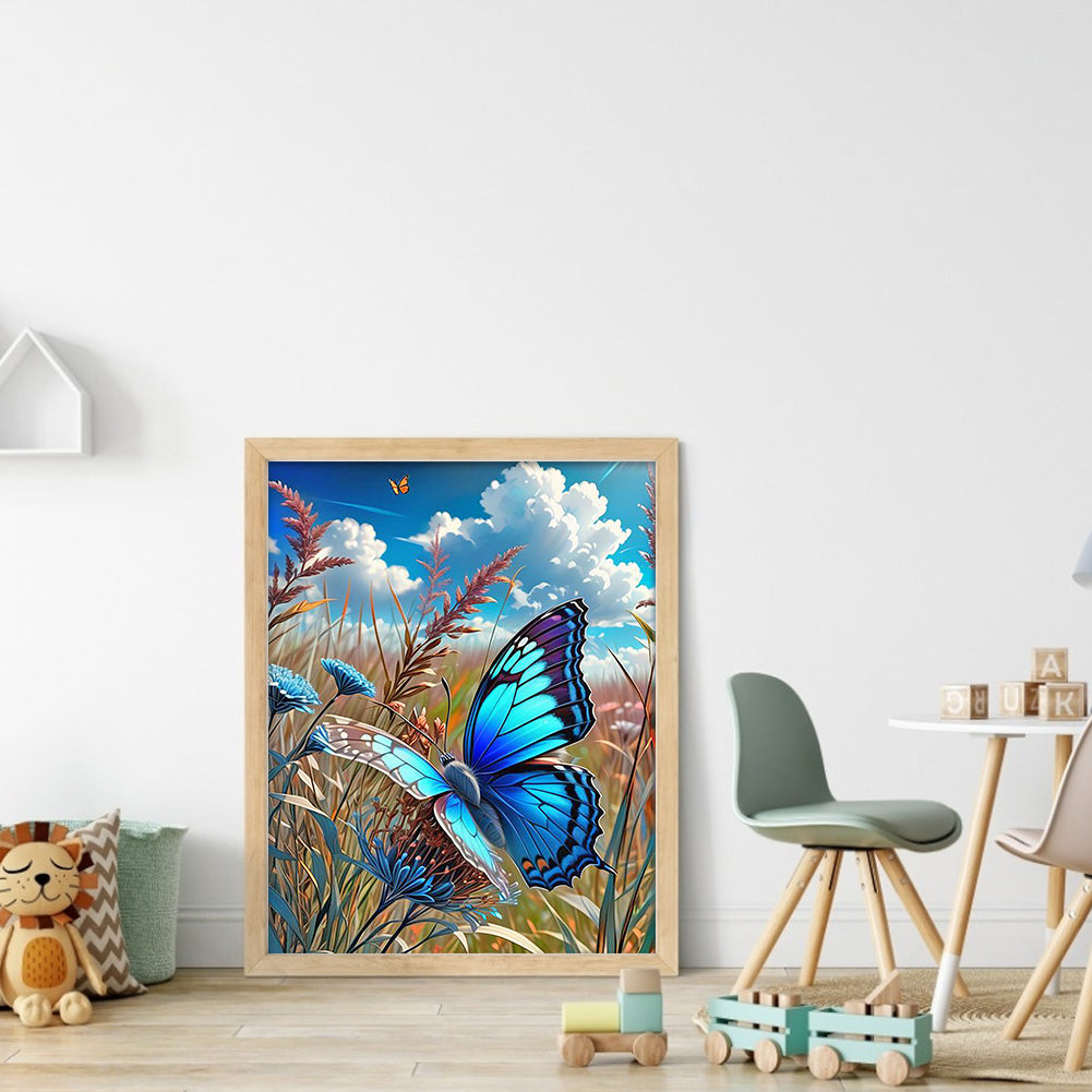 Blue Butterfly In The Sun - Full Round Drill Diamond Painting 30*40CM