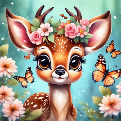 Butterfly And Deer In Flowers - Full Round Drill Diamond Painting 30*30CM