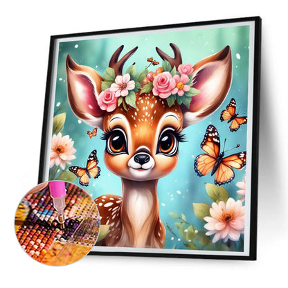 Butterfly And Deer In Flowers - Full Round Drill Diamond Painting 30*30CM