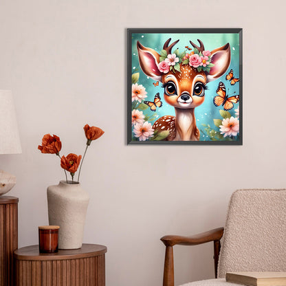 Butterfly And Deer In Flowers - Full Round Drill Diamond Painting 30*30CM