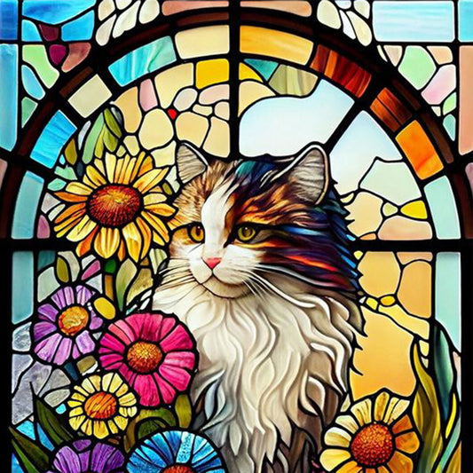 Glass Painting Of Cats And Flowers - Full Round Drill Diamond Painting 30*30CM