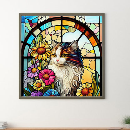 Glass Painting Of Cats And Flowers - Full Round Drill Diamond Painting 30*30CM