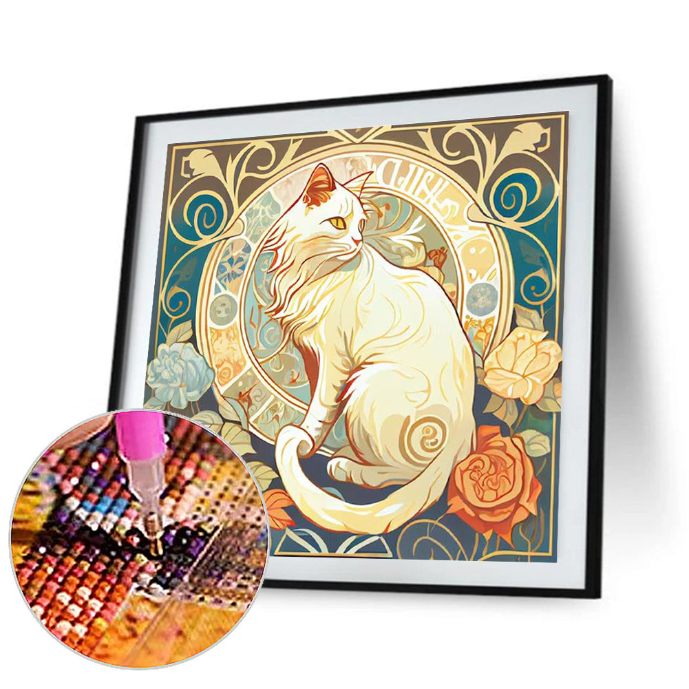 White Cat And Rose - Full Round Drill Diamond Painting 30*30CM