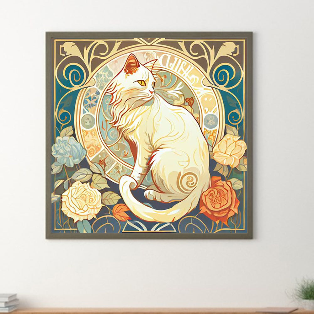 White Cat And Rose - Full Round Drill Diamond Painting 30*30CM