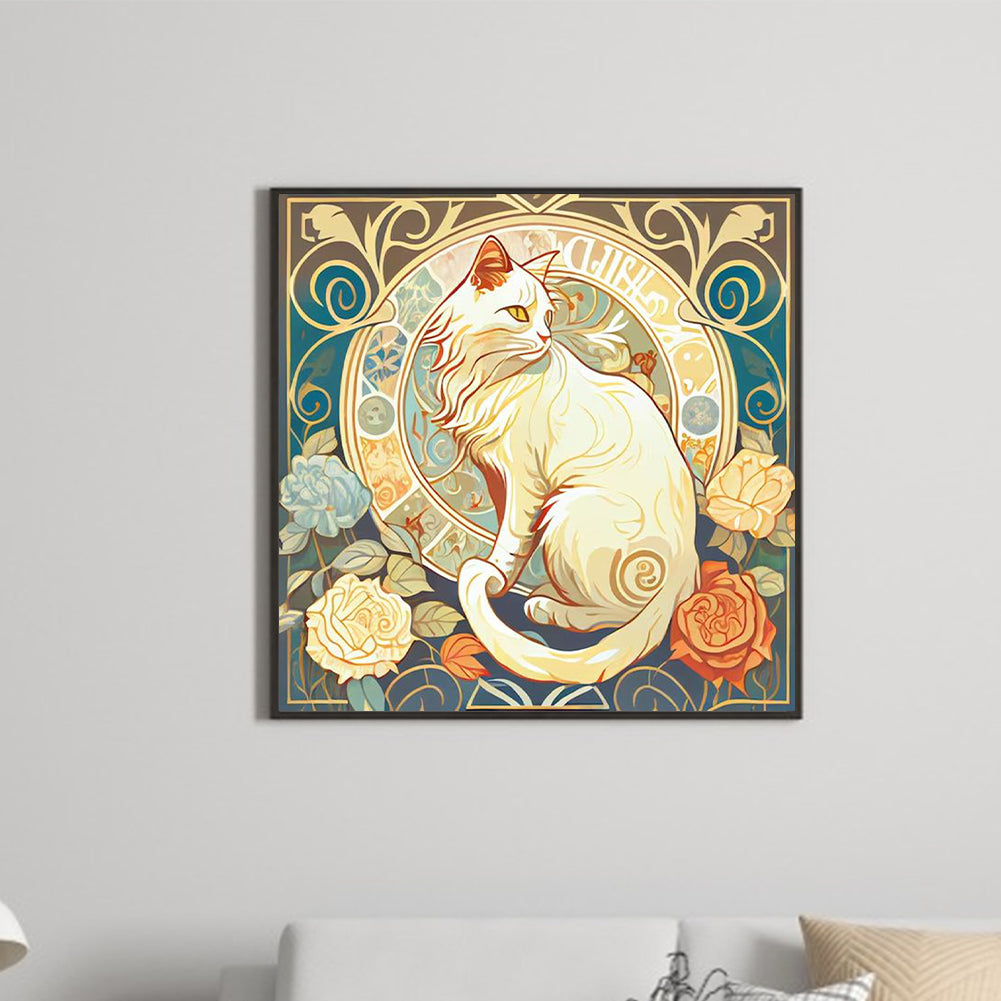 White Cat And Rose - Full Round Drill Diamond Painting 30*30CM