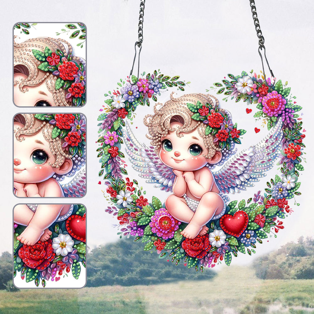 Single Side Wreath Angel Diamond Painting Hanging Pendant (Heart White Wing)