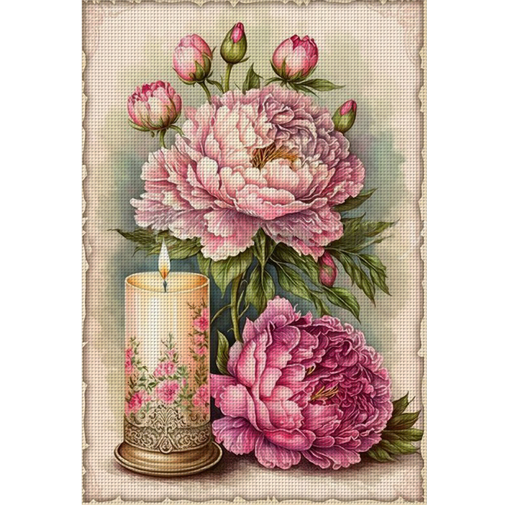 Retro Poster - Peonies And Candles - 11CT Stamped Cross Stitch 40*60CM