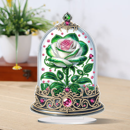 Special Shape Rose Crystal Box Desktop 5D Diamond Painting Art (Green White)