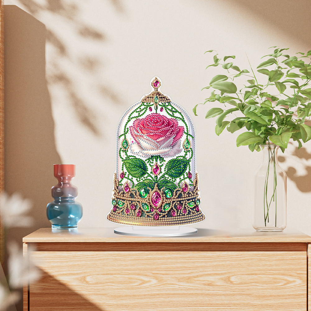 Special Shape Rose Crystal Box Desktop 5D Diamond Painting Art (Pink White)