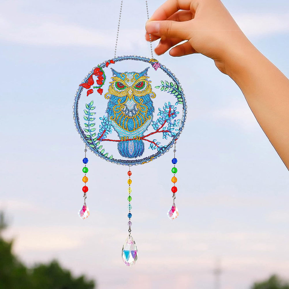 Animal Wind Chimes Mysterious Owl On Branch Diamond Crystal Painting Ornament