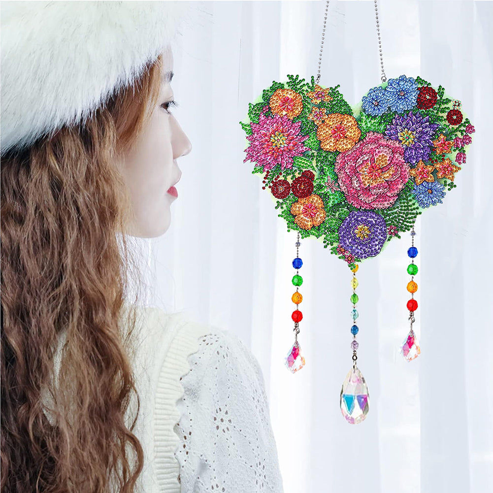 Flower Wind Chimes Heart Diamond Crystal Painting Ornaments for Home Wall Decor