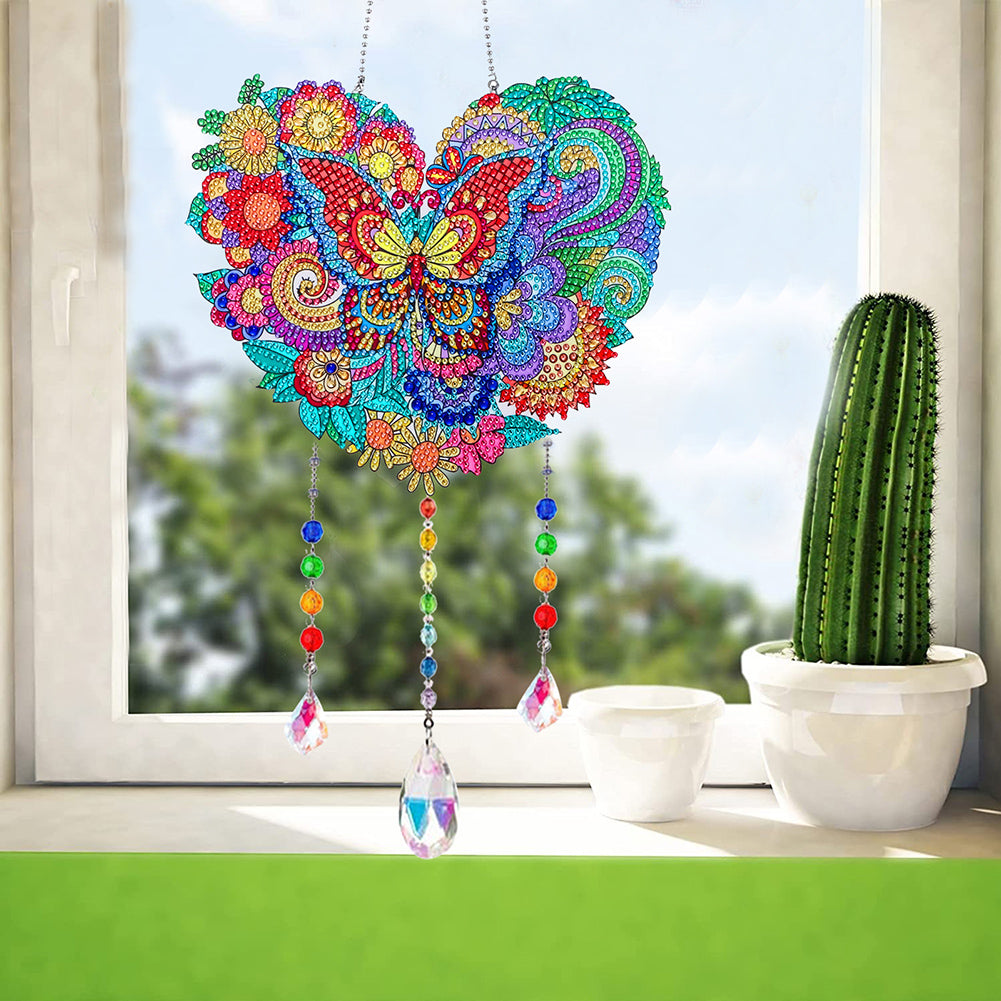 Flower Wind Chimes Heart Diamond Crystal Painting Ornaments for Home Wall Decor