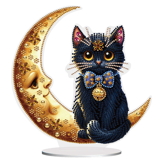 Special Shaped Cat on Moon Desktop Diamond Painting for Adult Home Decor (Black)