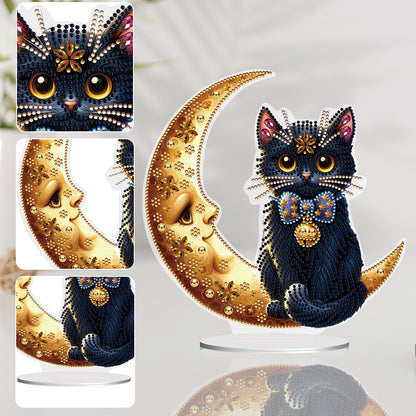 Special Shaped Cat on Moon Desktop Diamond Painting for Adult Home Decor (Black)