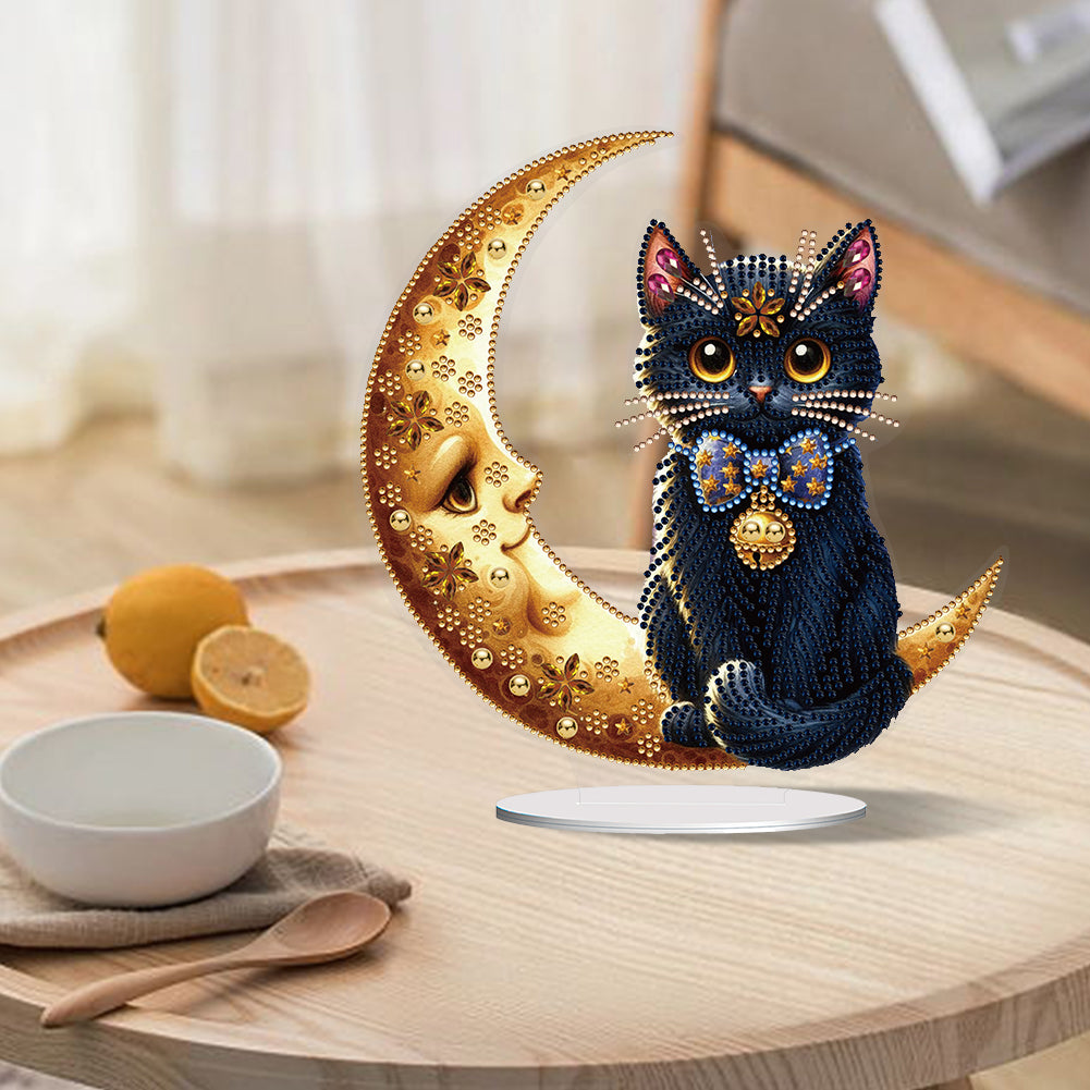 Special Shaped Cat on Moon Desktop Diamond Painting for Adult Home Decor (Black)