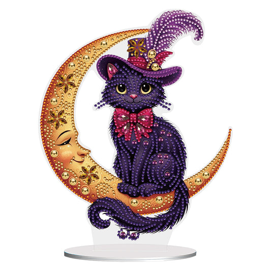Special Shape Cat on Moon Desktop Diamond Painting for Adult Home Decor (Purple)