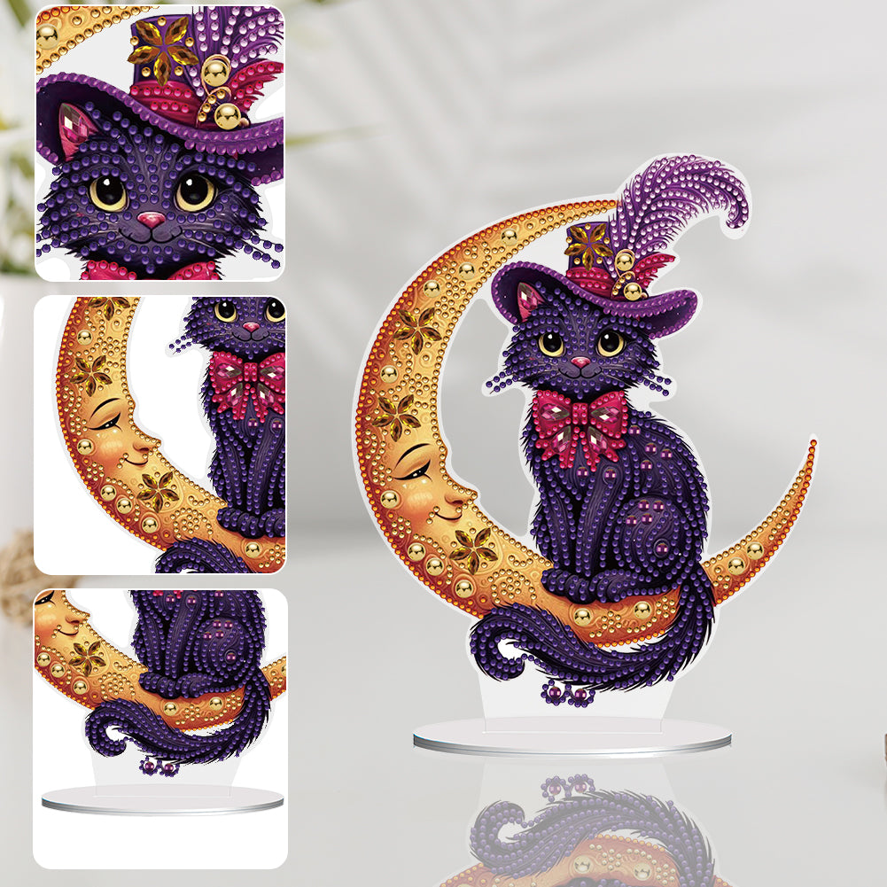 Special Shape Cat on Moon Desktop Diamond Painting for Adult Home Decor (Purple)