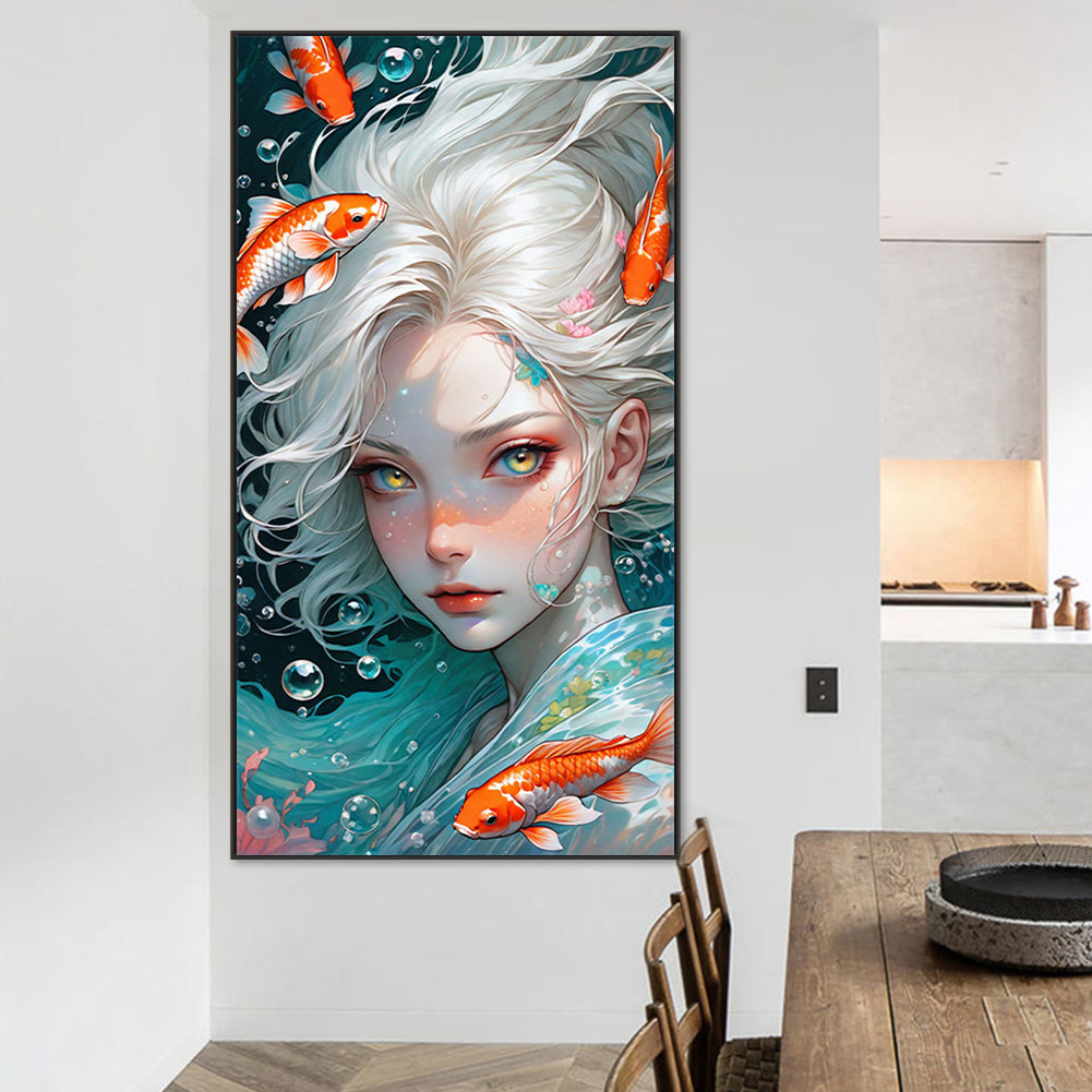 White-Haired Girl And Goldfish Underwater - Full AB Round Drill Diamond Painting 40*75CM