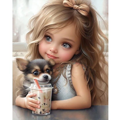 Girl Drinking Milk Tea With Puppy - Full Round Drill Diamond Painting 40*50CM