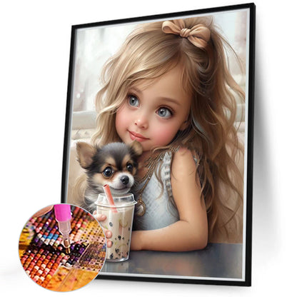 Girl Drinking Milk Tea With Puppy - Full Round Drill Diamond Painting 40*50CM