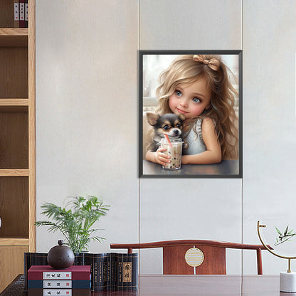 Girl Drinking Milk Tea With Puppy - Full Round Drill Diamond Painting 40*50CM