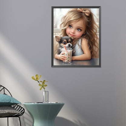 Girl Drinking Milk Tea With Puppy - Full Round Drill Diamond Painting 40*50CM