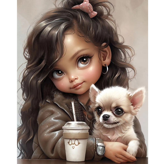 Girl Drinking Coffee With Puppy - Full Round Drill Diamond Painting 40*50CM
