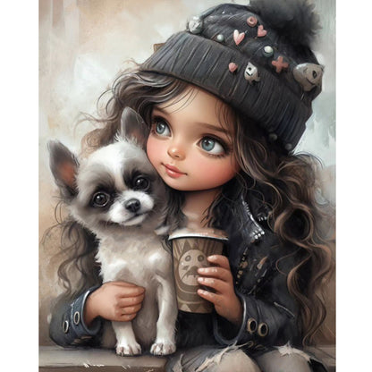 Girl Drinking Coffee With Puppy - Full Round Drill Diamond Painting 40*50CM