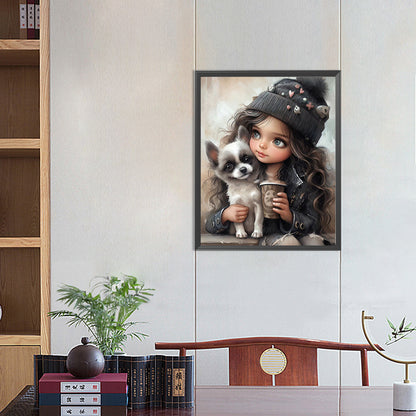 Girl Drinking Coffee With Puppy - Full Round Drill Diamond Painting 40*50CM