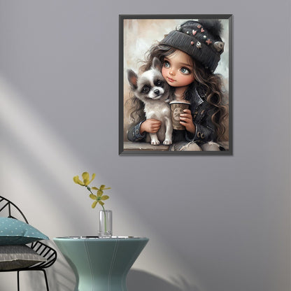 Girl Drinking Coffee With Puppy - Full Round Drill Diamond Painting 40*50CM