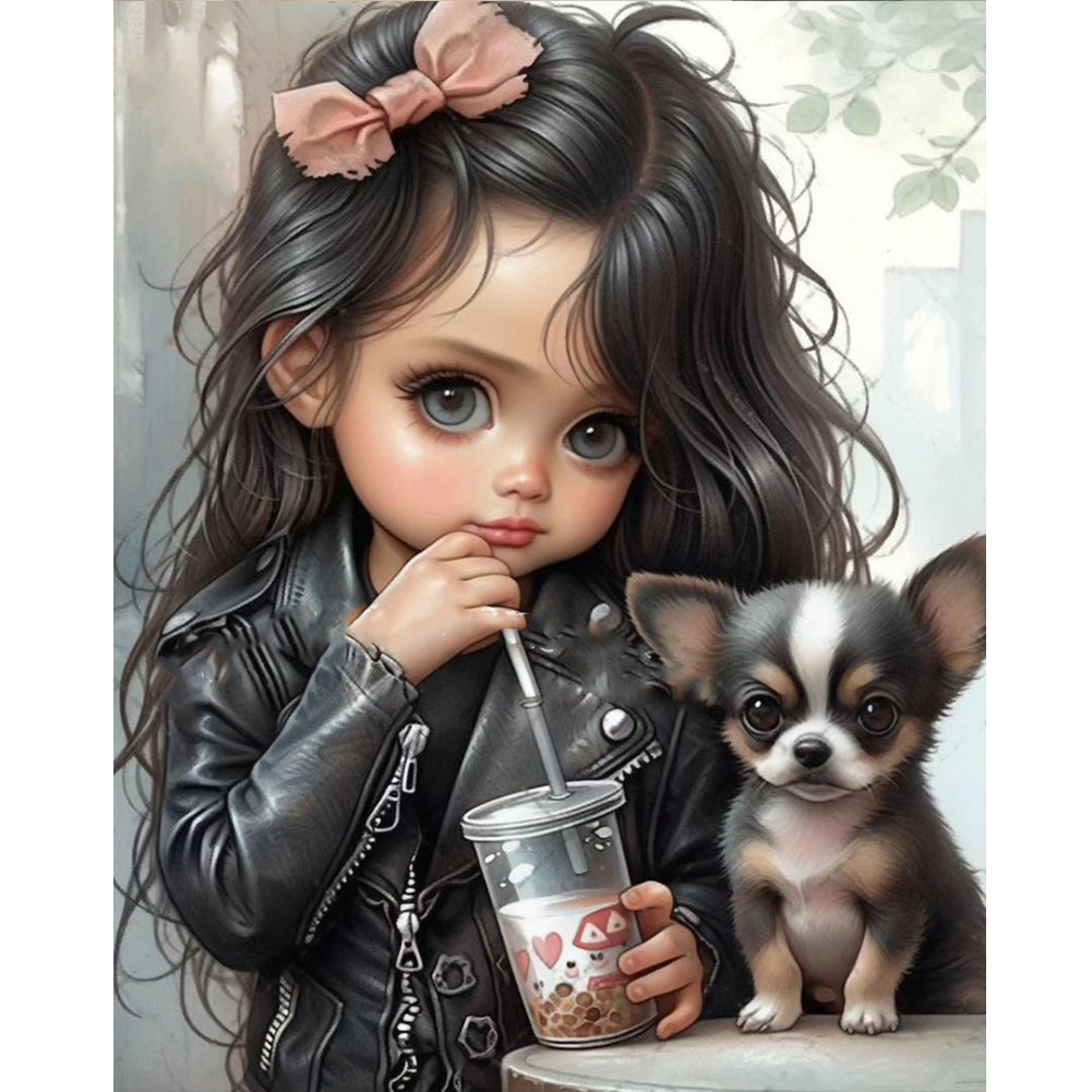 Girl Drinking Milk Tea With Puppy - Full Round Drill Diamond Painting 40*50CM