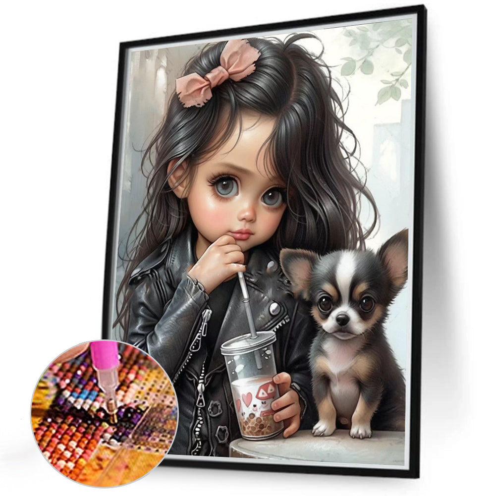 Girl Drinking Milk Tea With Puppy - Full Round Drill Diamond Painting 40*50CM