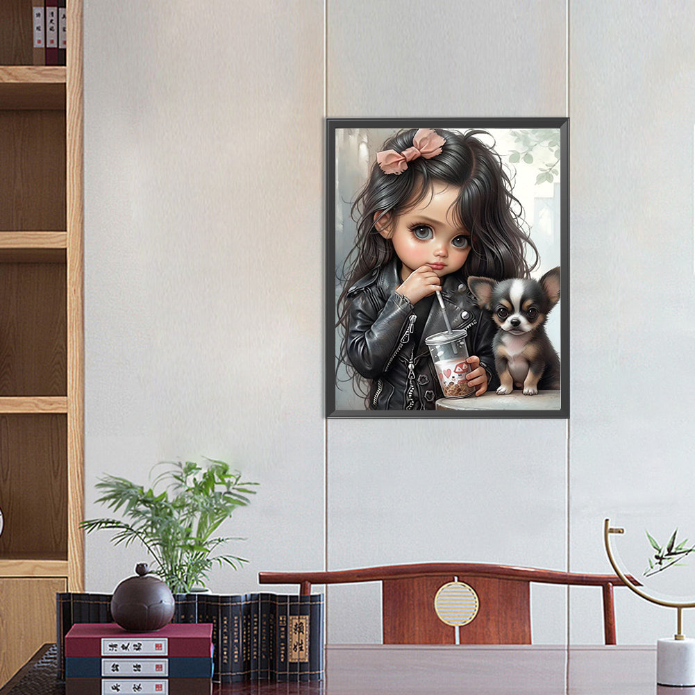 Girl Drinking Milk Tea With Puppy - Full Round Drill Diamond Painting 40*50CM