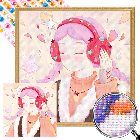 Girl Wearing Headphones - Full AB Round Drill Diamond Painting 40*40CM