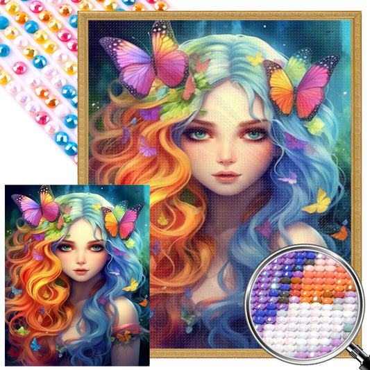 Colorful Hair Butterfly Girl - Full AB Round Drill Diamond Painting 40*50CM