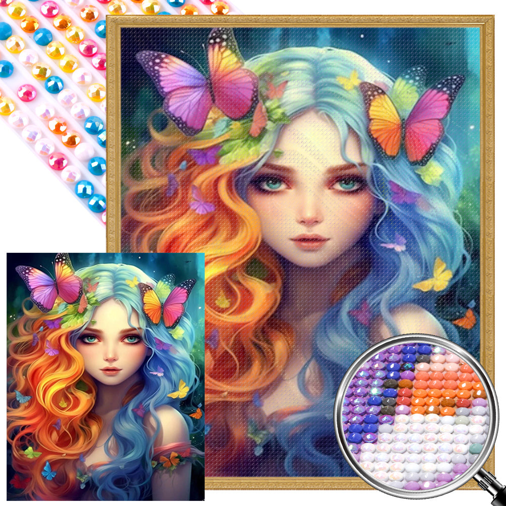 Colorful Hair Butterfly Girl - Full AB Round Drill Diamond Painting 40*50CM