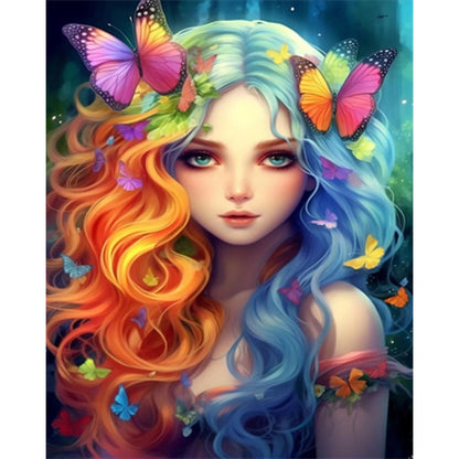 Colorful Hair Butterfly Girl - Full AB Round Drill Diamond Painting 40*50CM