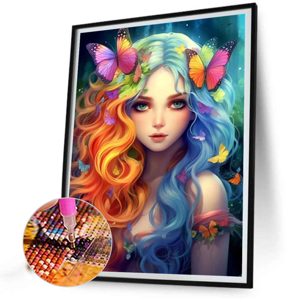 Colorful Hair Butterfly Girl - Full AB Round Drill Diamond Painting 40*50CM