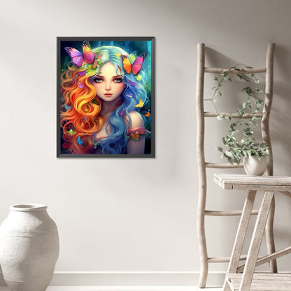 Colorful Hair Butterfly Girl - Full AB Round Drill Diamond Painting 40*50CM