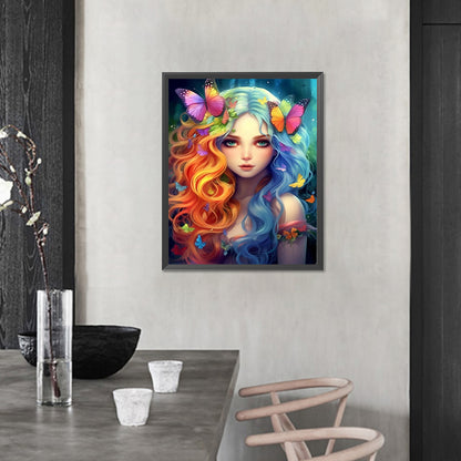 Colorful Hair Butterfly Girl - Full AB Round Drill Diamond Painting 40*50CM