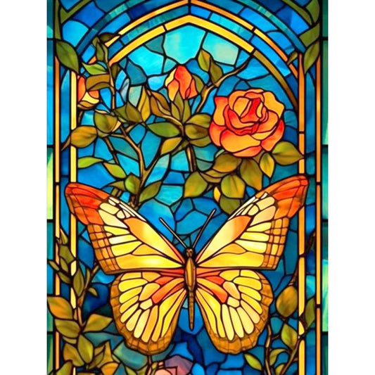 Butterfly And Flower Glass Painting - Full Round Drill Diamond Painting 30*40CM