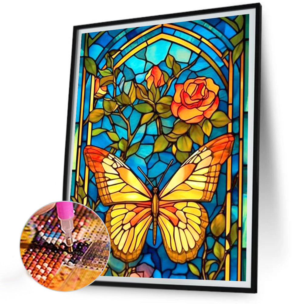 Butterfly And Flower Glass Painting - Full Round Drill Diamond Painting 30*40CM