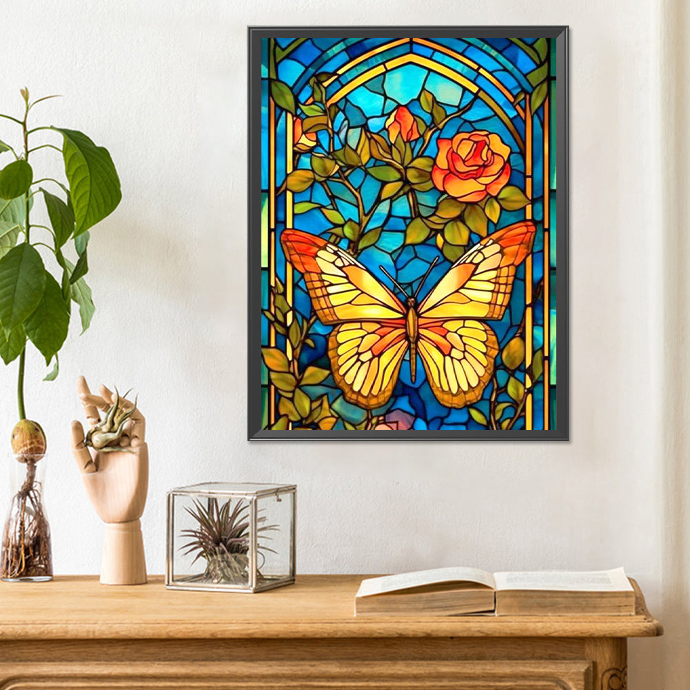 Butterfly And Flower Glass Painting - Full Round Drill Diamond Painting 30*40CM