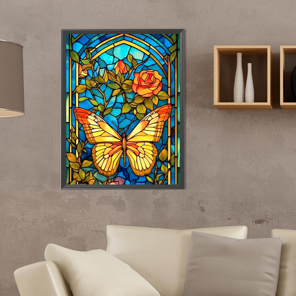 Butterfly And Flower Glass Painting - Full Round Drill Diamond Painting 30*40CM